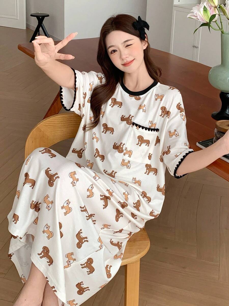 Puppy Print Embroidered Contrast Trim Loose Women's Nightgown Pajamas