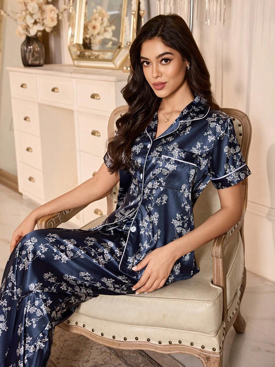 Floral Print Short Sleeve Pajama Set With Lapel And Button, Faux Silk Sleepwear