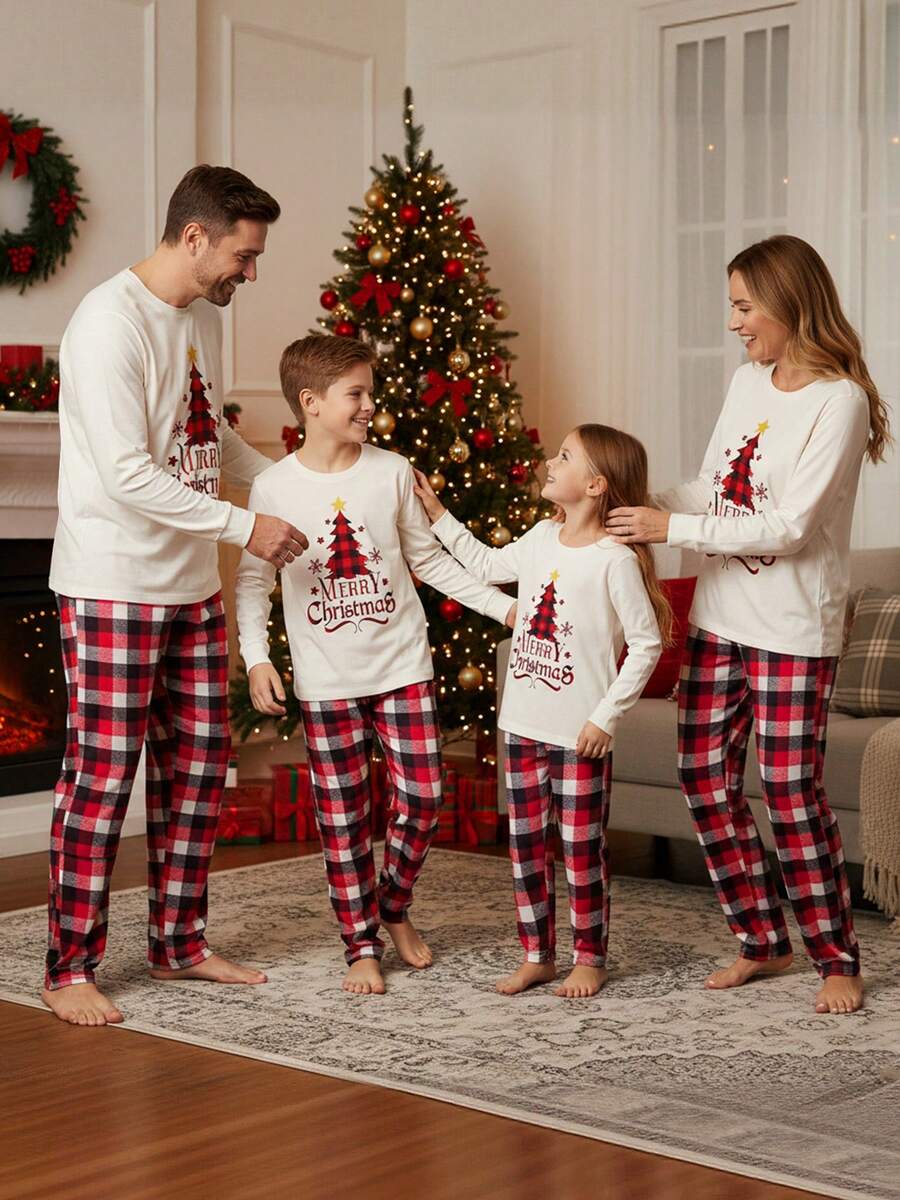 Christmas Parent-Child Pajama Set, Christmas Pajamas, Family-Friendly Christmas Pajamas, Christmas Family Pajama Set, Featuring A Long-Sleeved Top With Christmas Tree Letter Patterns And Plaid Pants. Suitable For A Family Of Four, This Christmas Pajama Se