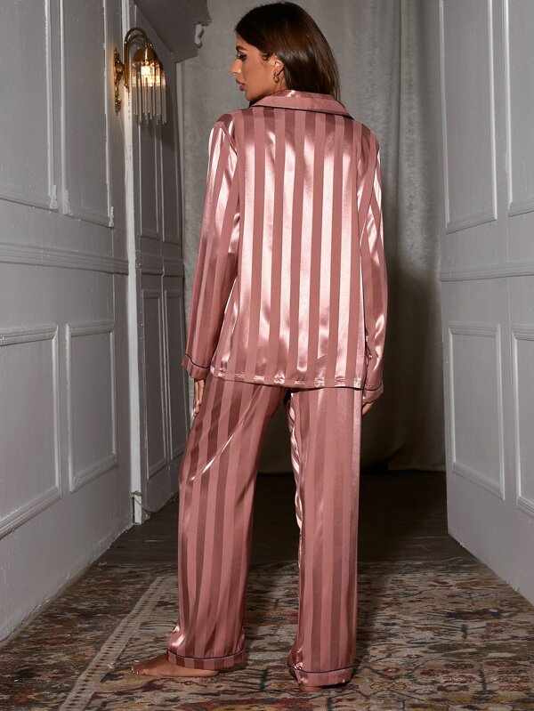 Contrast Trim Satin Pajama Set, Vacation