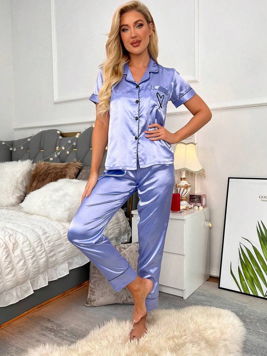 Heart Embroidery Piping Trim Satin Pajama Set