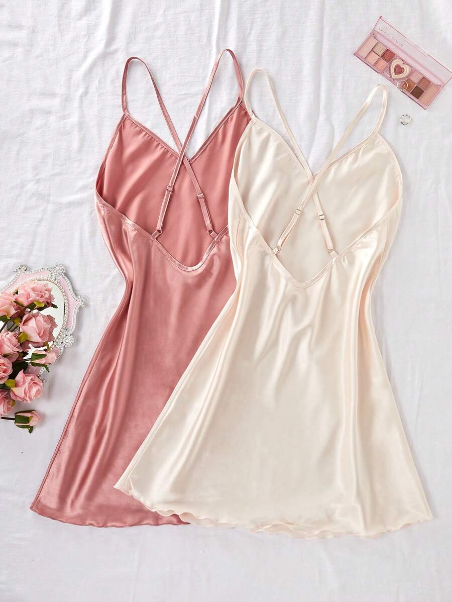 Women's spaghetti strap backless gentle and sweet solid color cross shoulder strap satin nightgown two colors