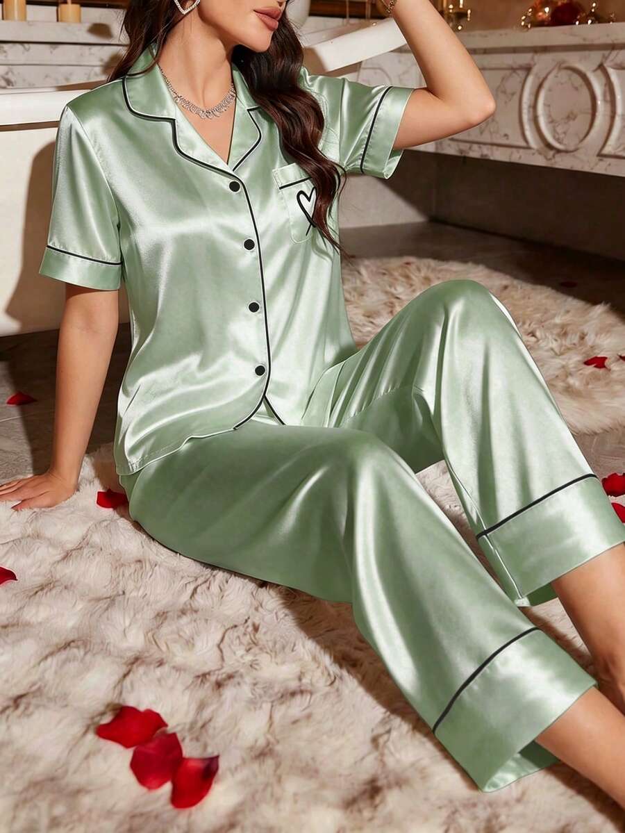 Two-Pieces Set Of Short-Sleeved Top And Long Pants Pajamas With Silk-Like Texture And Embroidered Hearts