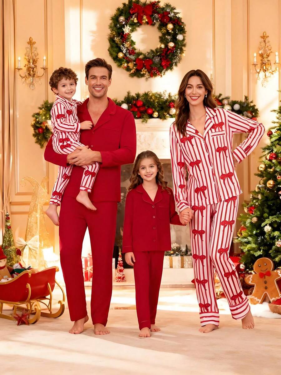 Christmas Family Casual Shirt Set, Long-Sleeved Collared Button-Down Shirt + Trousers, Two-Piece Set, Bow Tie Solid Color. Parent-Child Set, Christmas Family Parent-Child Set.
