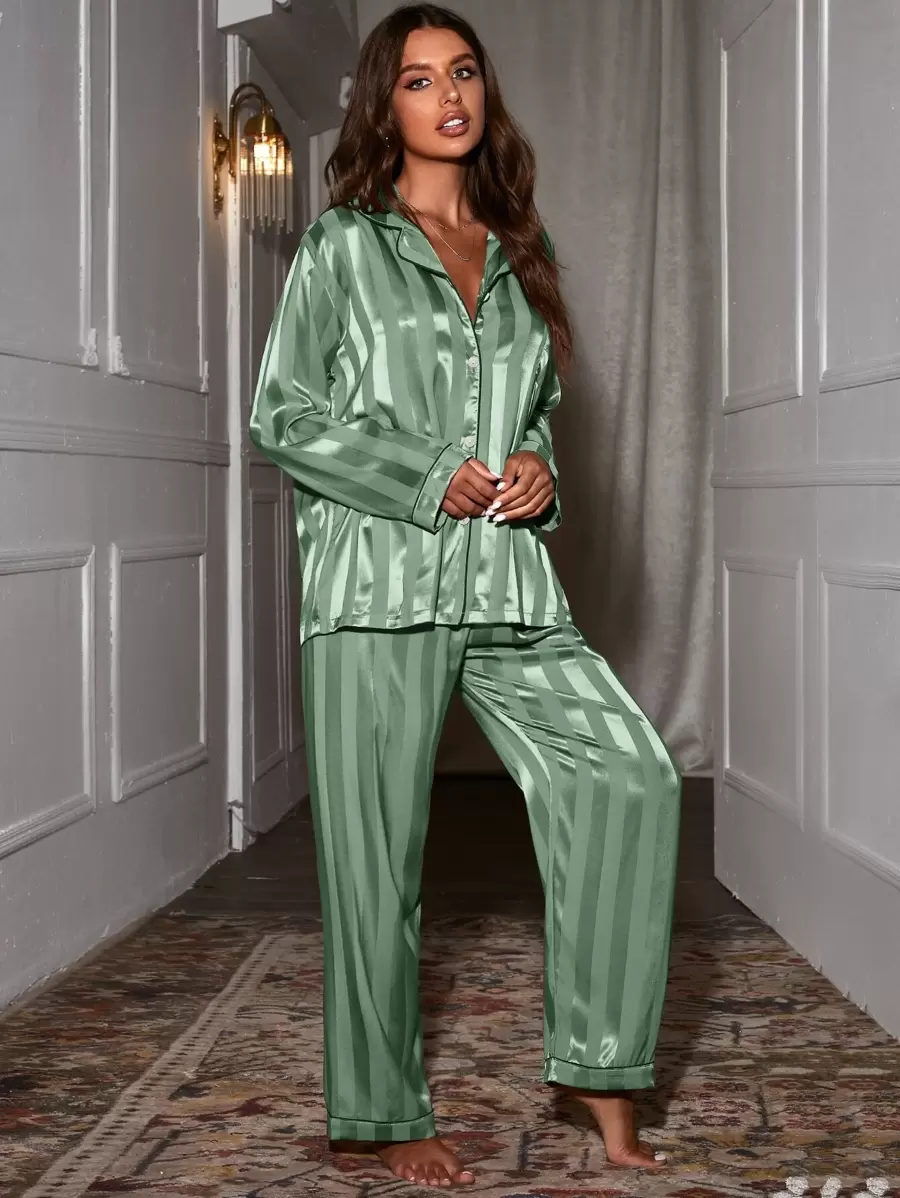 Contrast Binding Satin Pajama Set, Fall Winter Clothes Contrast Binding Satin Pajama Set, Fall Winter Clothes