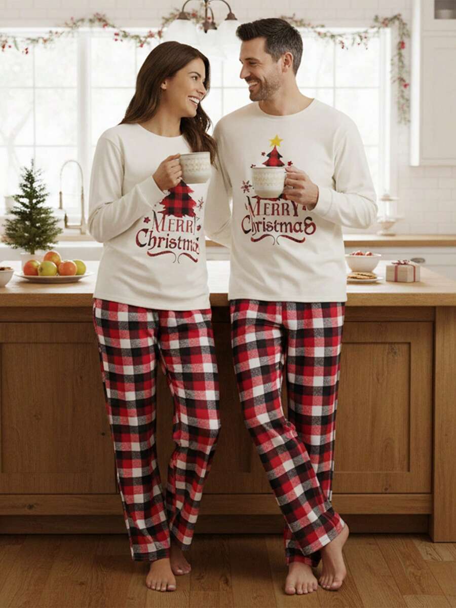 Christmas Parent-Child Pajama Set, Christmas Pajamas, Family-Friendly Christmas Pajamas, Christmas Family Pajama Set, Featuring A Long-Sleeved Top With Christmas Tree Letter Patterns And Plaid Pants. Suitable For A Family Of Four, This Christmas Pajama Se
