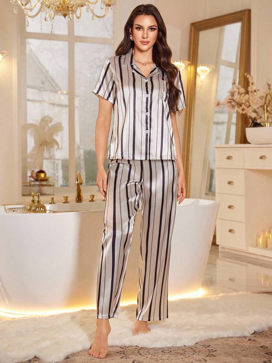 Women's new striped pocket embroidered short-sleeved pajama set women's satin pajama set