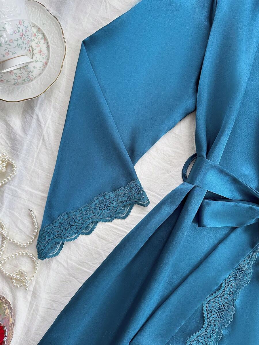 4pcs Pajama Set Lace Patchwork Faux Silk Camisole, Shorts, Pants And Belted Robe, Fall Winter Clothes 4pcs Pajama Set Lace Patchwork Faux Silk Camisole, Shorts, Pants And Belted Robe, Fall Winter Clothes